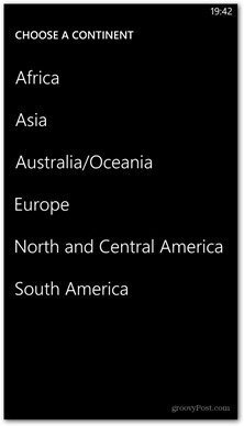 Windows Phone 8 memetakan benua yang tersedia