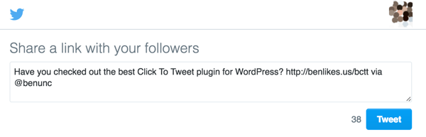 Plugin WordPress Klik untuk Menge-Tweet yang Lebih Baik menampilkan tweet yang sudah diisi sebelumnya untuk dibagikan pengguna di Twitter.
