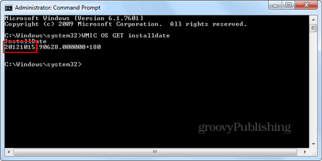 Tanggal instalasi Windows, cmd, masukkan prompt
