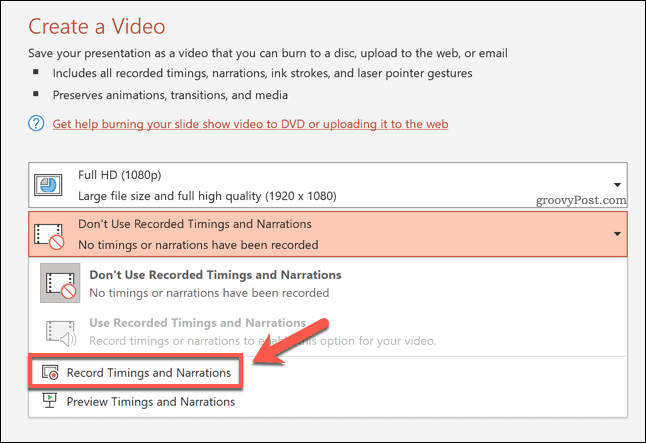 Perekaman pengaturan waktu untuk video yang diekspor di PowerPoint