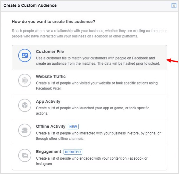 Buat Facebook, buat audiens khusus berdasarkan daftar email Anda.