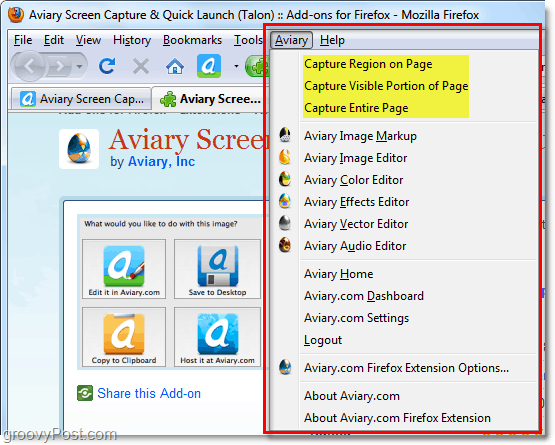 talon menambahkan menu ke browser Anda untuk mengambil tangkapan layar dengan cepat dan membuka aplikasi web lainnya dari aviary suite