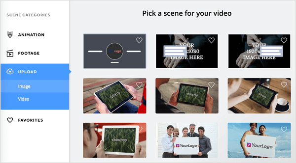 Pilih adegan untuk video Anda di tab Upload Biteable.