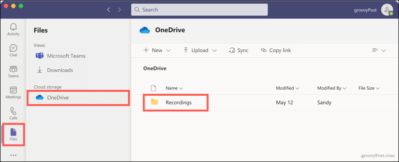 File, OneDrive, Rekaman di Teams