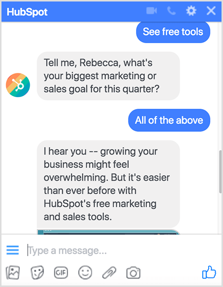 Molly Pitmann mengatakan mengajukan pertanyaan bekerja dengan baik di chatbog. Chatbot HubSpot mengajukan pertanyaan seperti Apa Tujuan Pemasaran atau Penjualan Terbesar Anda Untuk Kuartal Ini?