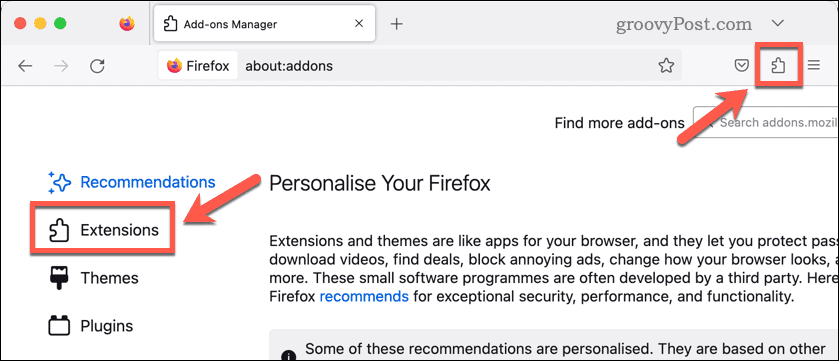 Buka ekstensi Firefox