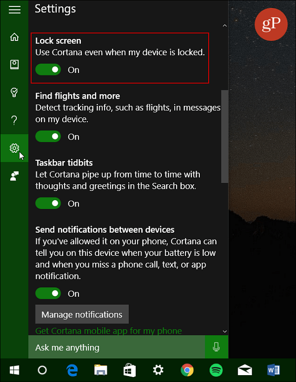 Nyalakan Layar Kunci Cortana Windows 10