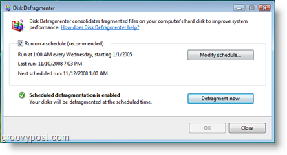 Defragmenter Disk untuk Penjadwal Pekerjaan Windows Vista