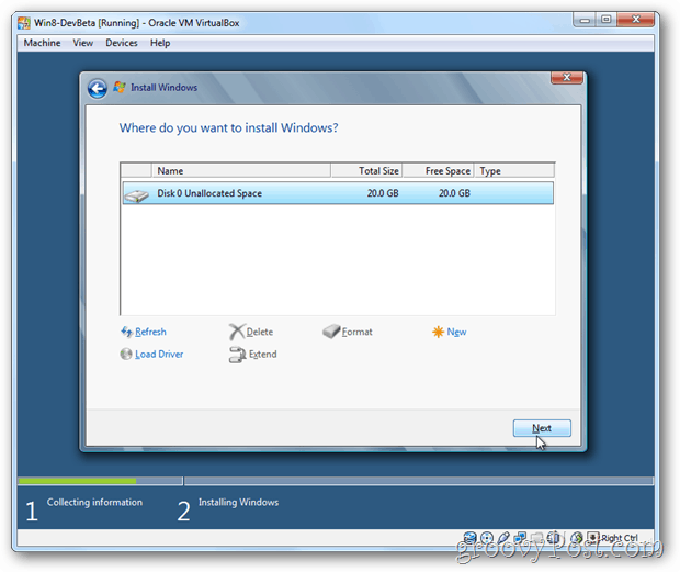 VirtualBox Windows 8 memilih disk untuk diinstal