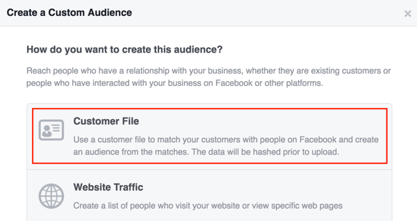 Buat audiens kustom Facebook menggunakan daftar pelanggan.