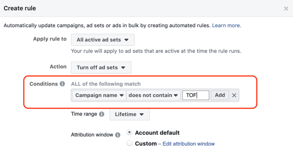 Gunakan aturan otomatis Facebook, hentikan iklan saat ROAS turun di bawah minimum, langkah 2, tetapkan ketentuan