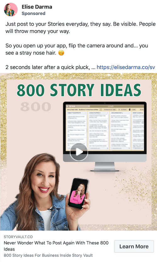 contoh tangkapan layar dari posting bersponsor oleh elise darma yang mempromosikan 800 ide untuk cerita