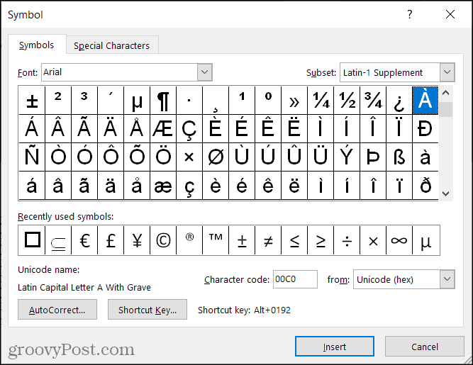 Simbol untuk tanda aksen di Word