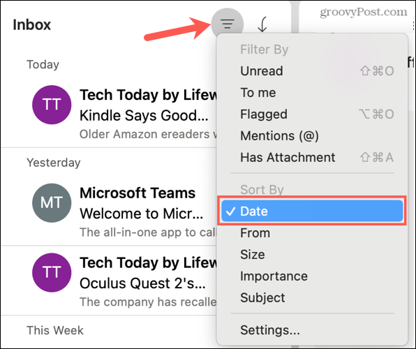 Urutkan menurut tanggal di Outlook di Mac