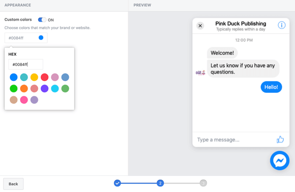 Gunakan Google Tag Manager dengan Facebook, langkah 11, opsi untuk mengatur warna kustom untuk plugin obrolan Facebook Anda