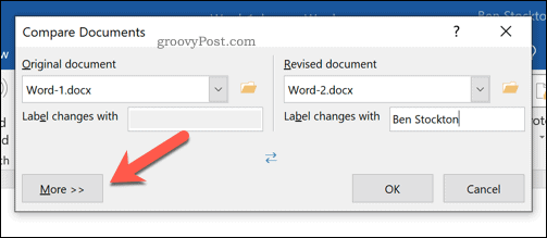 Opsi tambahan untuk membandingkan dokumen Microsoft Word