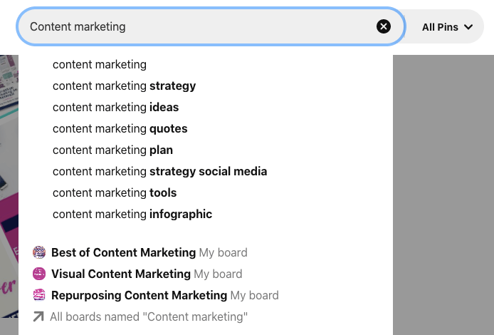 contoh pencarian pinterest untuk pemasaran konten dengan pemasaran konten yang dipasangkan dengan strategi, ide, kutipan, rencana, alat, infografis, dll. bersama dengan beberapa papan yang namanya termasuk pemasaran konten