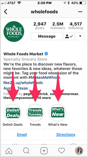 Sorotan Instagram di profil Whole Foods.