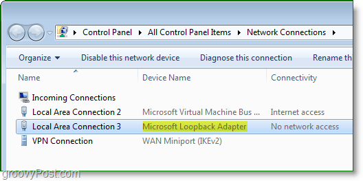 Screenshot Jaringan Windows 7 - adaptor Microsoft Loopback terlihat di jendela koneksi jaringan