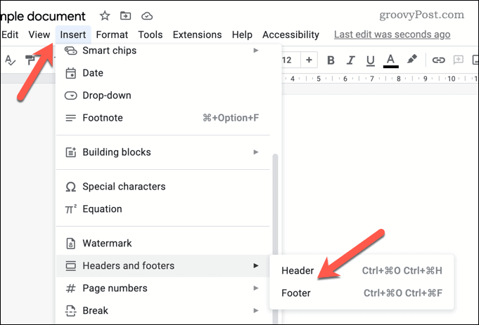 Buka pengaturan header dan footer di Google Docs