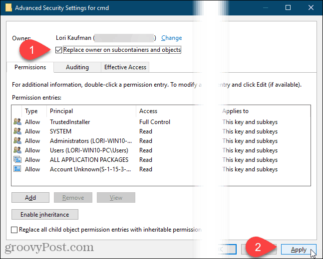 Klik Terapkan pada kotak dialog Pengaturan Keamanan Lanjutan di Windows Registry