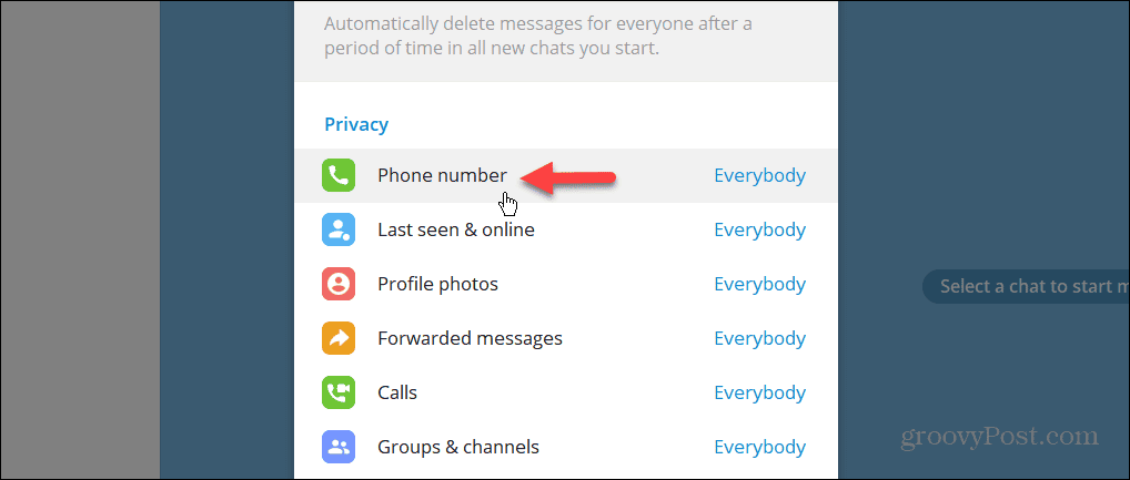 Pengaturan privasi nomor telepon di aplikasi desktop Telegram