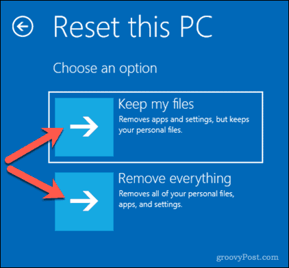 Pilihan untuk mengatur ulang PC Windows 10