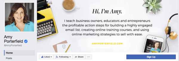 Amy Porterfield memiliki halaman bisnis yang menampilkan foto profil profesional dan halaman sampul yang menyoroti produk dan layanan yang ditawarkan bisnisnya.