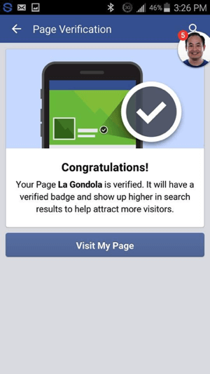 Anda akan melihat pesan bahwa halaman Facebook Anda telah diverifikasi.