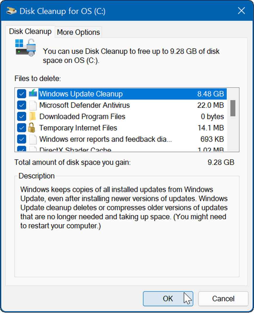 hasilnya akan menjadi beberapa file temp termasuk Windows Update Cleanup