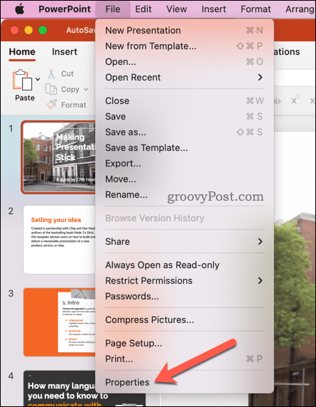 Buka properti PowerPoint di Mac