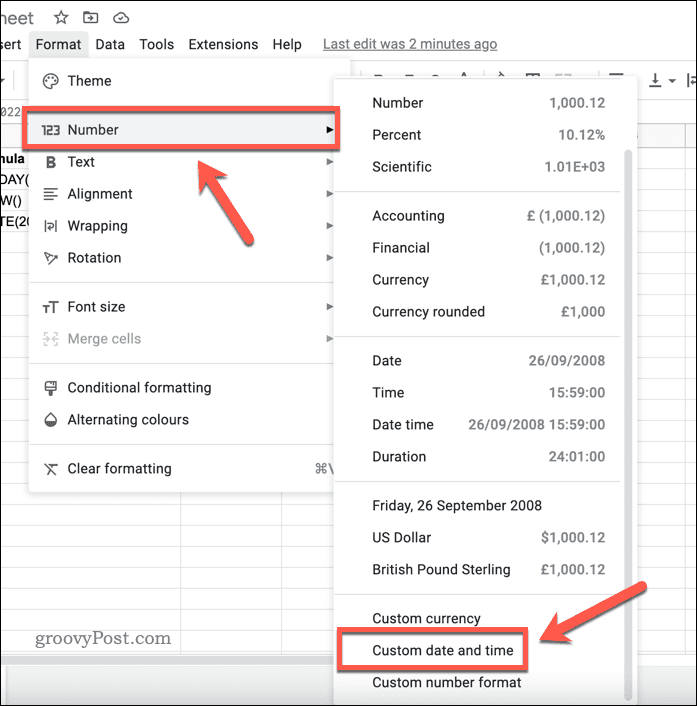 Tetapkan format tanggal dan waktu khusus di Google Sheets