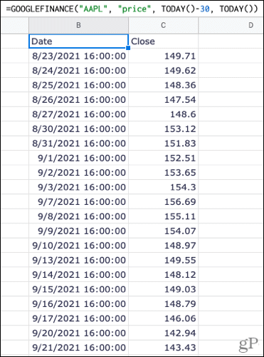 Formula dengan harga 30 hari sebelumnya