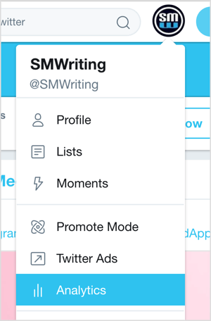 Klik gambar profil Twitter Anda dan pilih Analytics dari menu drop-down.