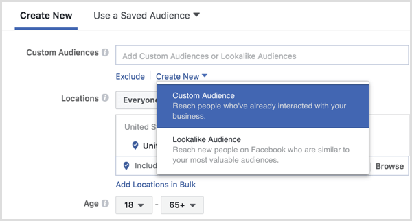Manajer Iklan Facebook membuat audiens khusus selama pengaturan iklan
