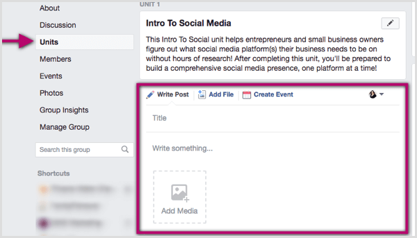 Klik di unit grup Facebook Anda dan tulis postingan, tambahkan file, atau buat acara.