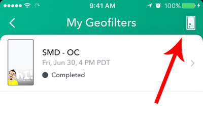 Jika Anda sebelumnya telah membuat geofilter Snapchat, ketuk ikon buat di bagian atas layar.