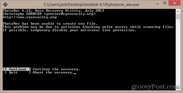 PhotoRec tidak dapat membuat file baru. Masalah ini mungkin disebabkan oleh antivirus memblokir akses tulis saat memindai file. Jika memungkinkan, nonaktifkan sementara perlindungan antivirus Anda