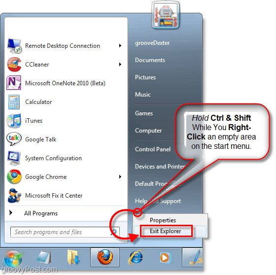 tahan tombol dan klik kanan menu mulai untuk keluar dari explorer di windows 7