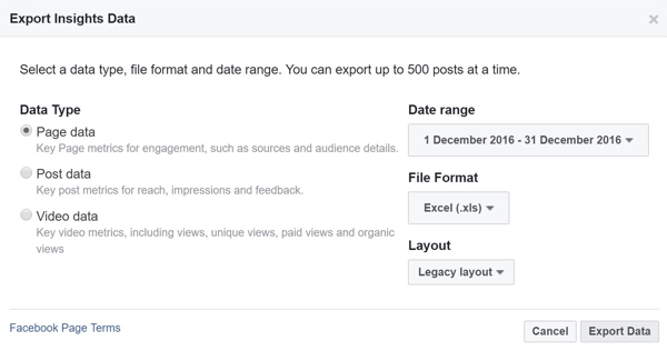Pilih tipe data, rentang, format file, dan tata letak untuk data Facebook Insights Anda.