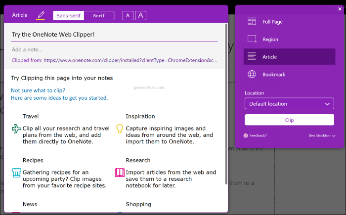 Ekstensi OneNote Web Clipper di Google Chrome