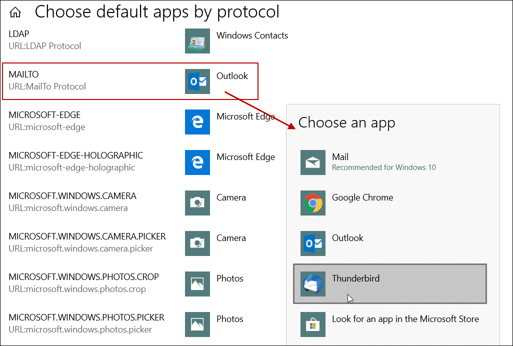 Setel aplikasi Email Default oleh Protokol Windows 10