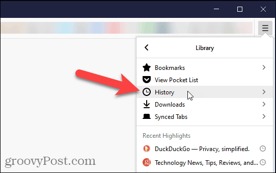 Pilih Riwayat di Firefox