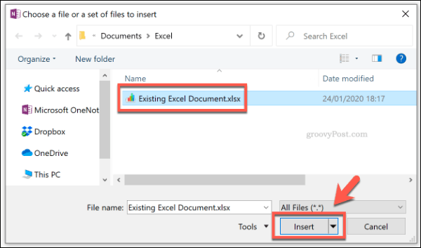 Menambahkan file Excel sebagai lampiran file di OneNote