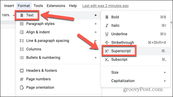 format superskrip google docs