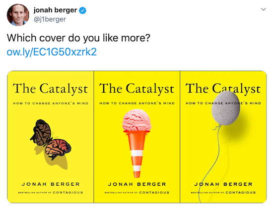 Jonah Berger tweet dengan gambar dari tiga sampul buku yang mungkin