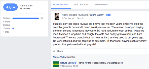 Seorang pelanggan Nature Valley meninggalkan ulasan pelanggan di halaman Facebook perusahaan.