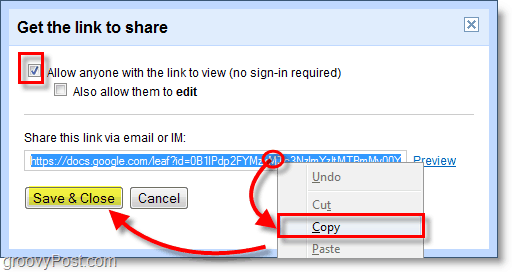 Tangkapan layar Google Documents - salin tautan Anda, lalu simpan dan tutup
