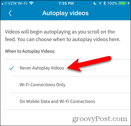 Ketuk Never Autoplay Videos di LinkedIn