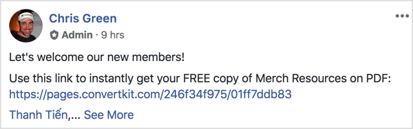 Posting grup Facebook ini menyambut anggota baru dan mengingatkan mereka untuk mengunduh PDF gratis.